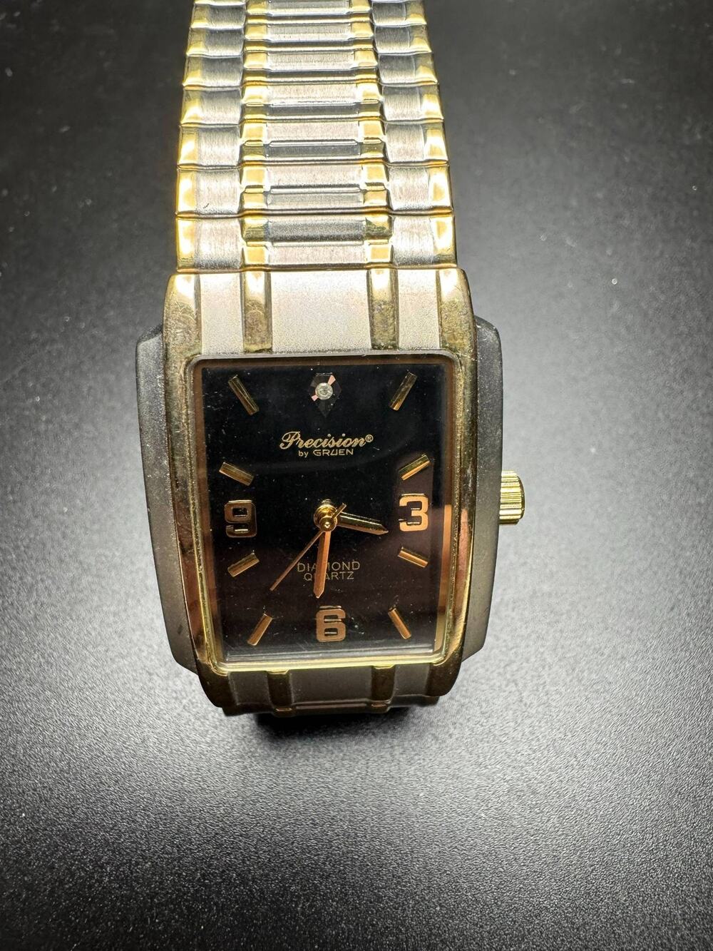Gruen Precision Diamond Quartz Wristwatch Two-Tone Rectangular Black Dial Watch